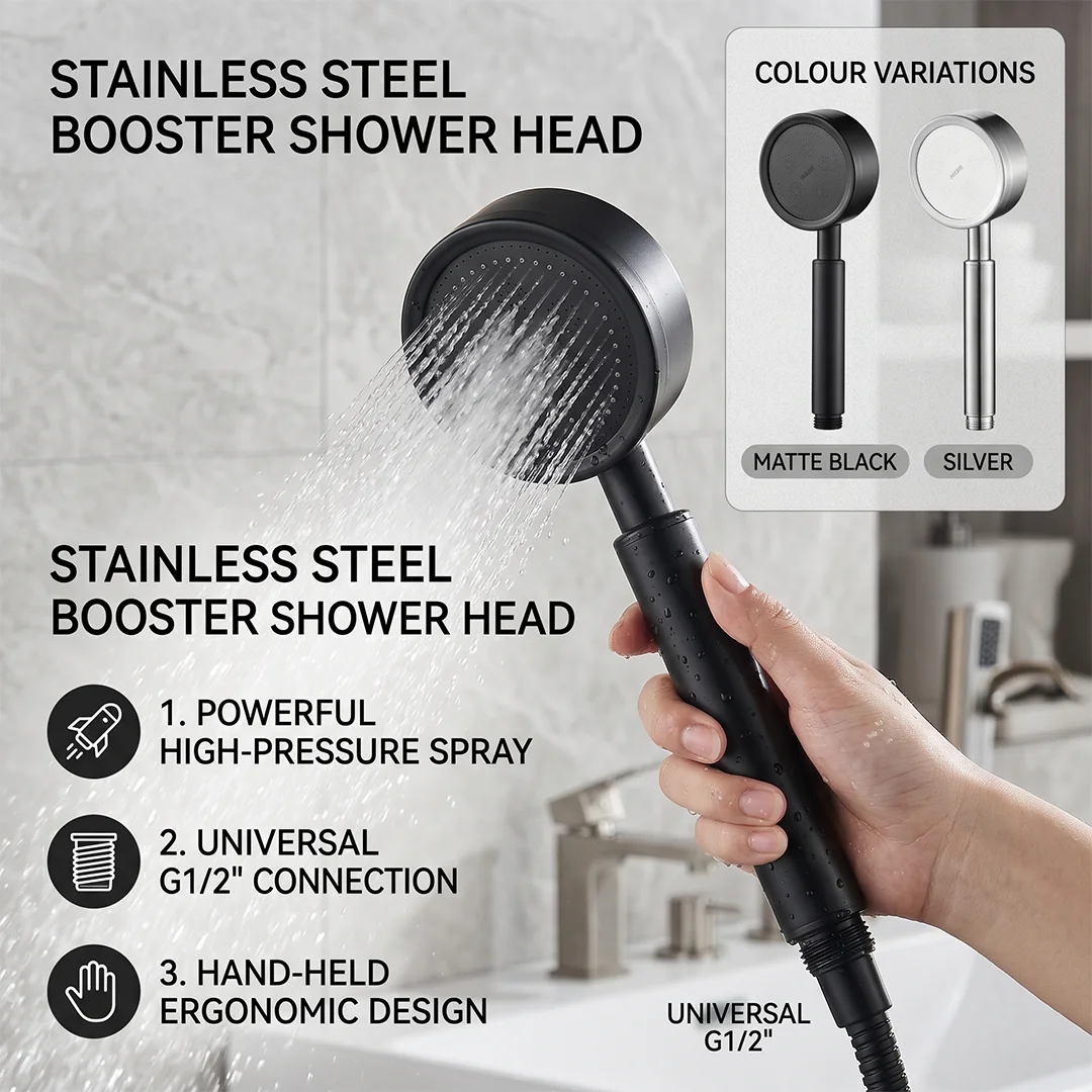 

Stainless Steel High Pressure Shower Head, Matte Black/Silver Handheld Booster Sprayer with G1/2 Universal Connection