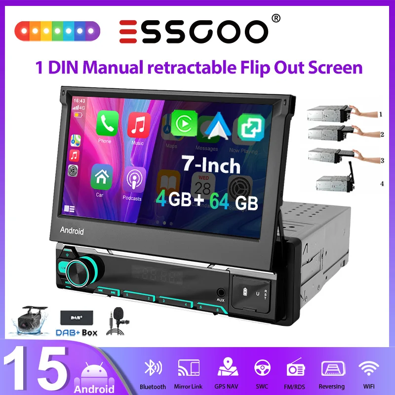 ESSGOOO 1DIN 7" Android 15 4+64G Lecteur Multimédia Universel Rétractable Manuel avec Carplay Sans Fil, Android Auto, GPS, NAVI, RDS, FM, Bluetooth, Mirror Link, Commandes au Volant et Écran Tactile