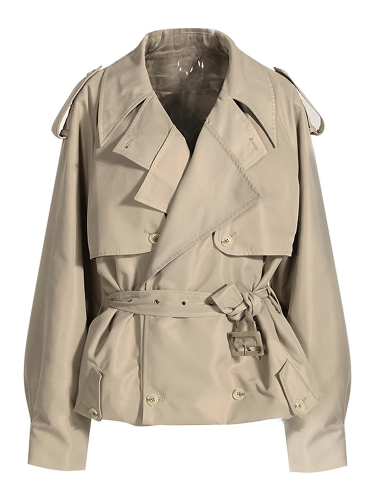 DEAT Fashion Women Cotton Trench Coat Lapel Raglan Sleeve Double
