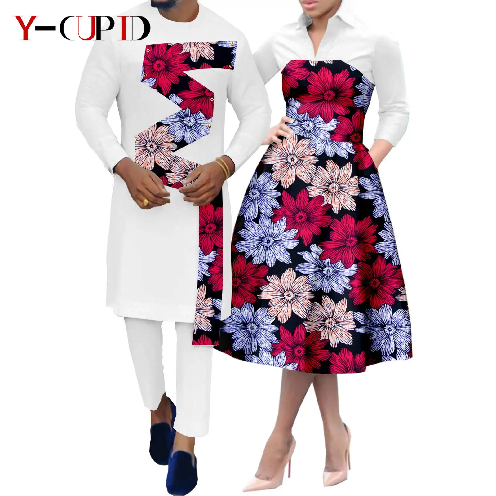 

African Clothes for Couples Women Print Wax Long Sleeves A-line Dresses Sets with Men Blazer Shirt and Pants Y22C059