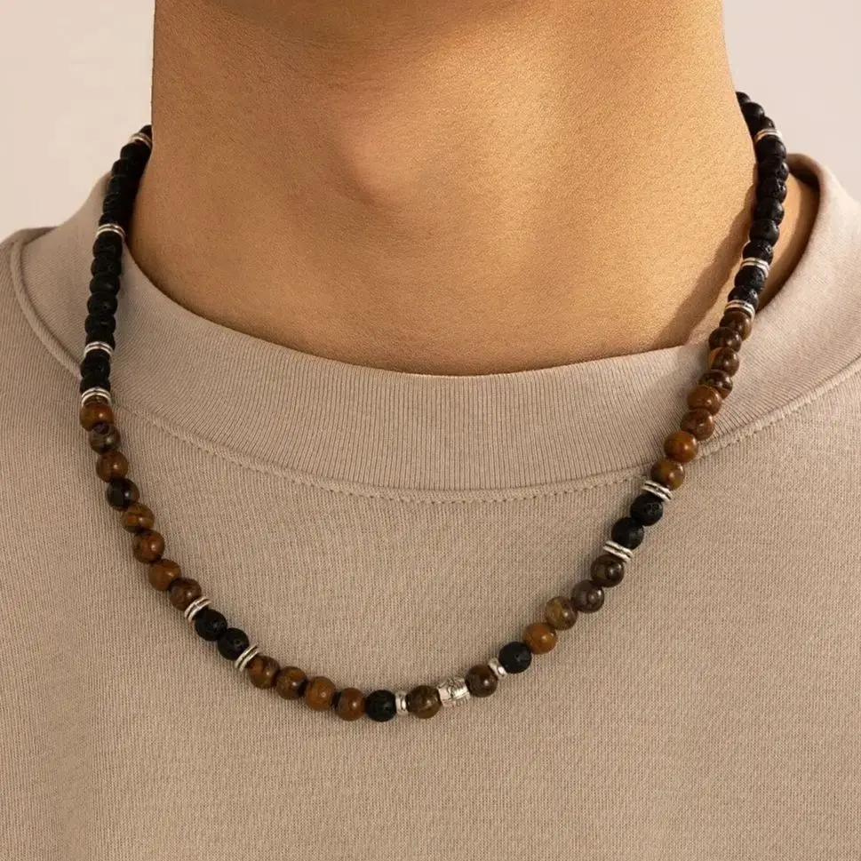 Kunjoe Retro Vulkan gestein natürlichen Tigerauge Stein Perlen Halskette für Männer einfache schwarze Choker Kragen kurze Colar Hals Accessoire