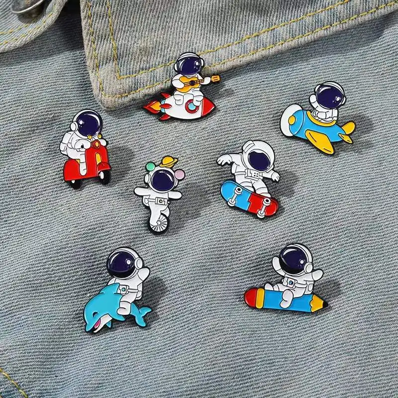 Astronaut Enamel Pins Children's Skateboard Pencil Rocket Whale Brooches Clothes Cowboy Bag Holiday Gift Shoe Bag Badge Custom