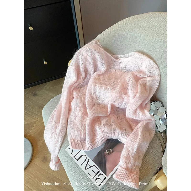 

Soft Wind Pink Hollowed-Out Twist Crew-Neck Sweater For Women 2024 Autumn Fall New Age Reduction Hundred Soft Waxy Thin Sweater