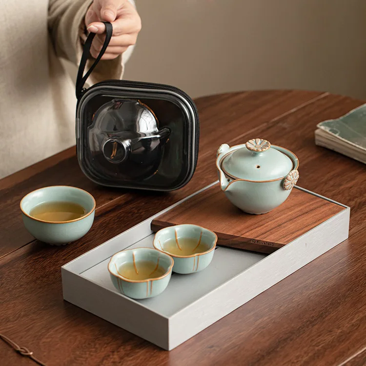 

China-Chic Tianqing Ruyao Travel Tea Set Outdoor Portable Camping One Pot Three Cups Quick Guest Ruyao Tea Pot Cup Opening Gift