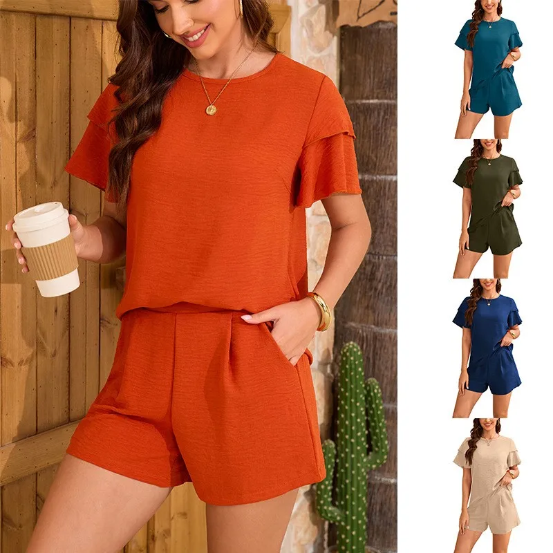 

Casual Shorts Women's 2 Piece Set Two Piece Outfits Woman Summer Shorts High Waist Pleated Teal Short Pants Cropped Top Ruffle