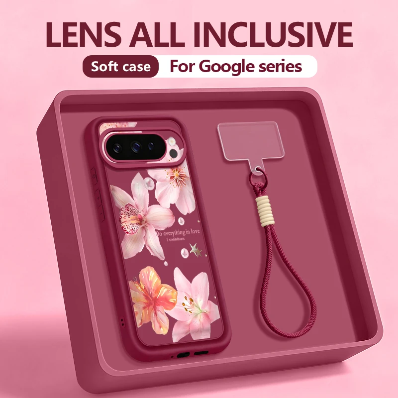 Lilienblumen-Muster Handyhülle für Google Pixel 10 9 Pro XL 10 9 8 7 Pro 9A 8A 7A Weiche Silikon-Schutzhülle mit Trageband für Pixel 9 8 Pro