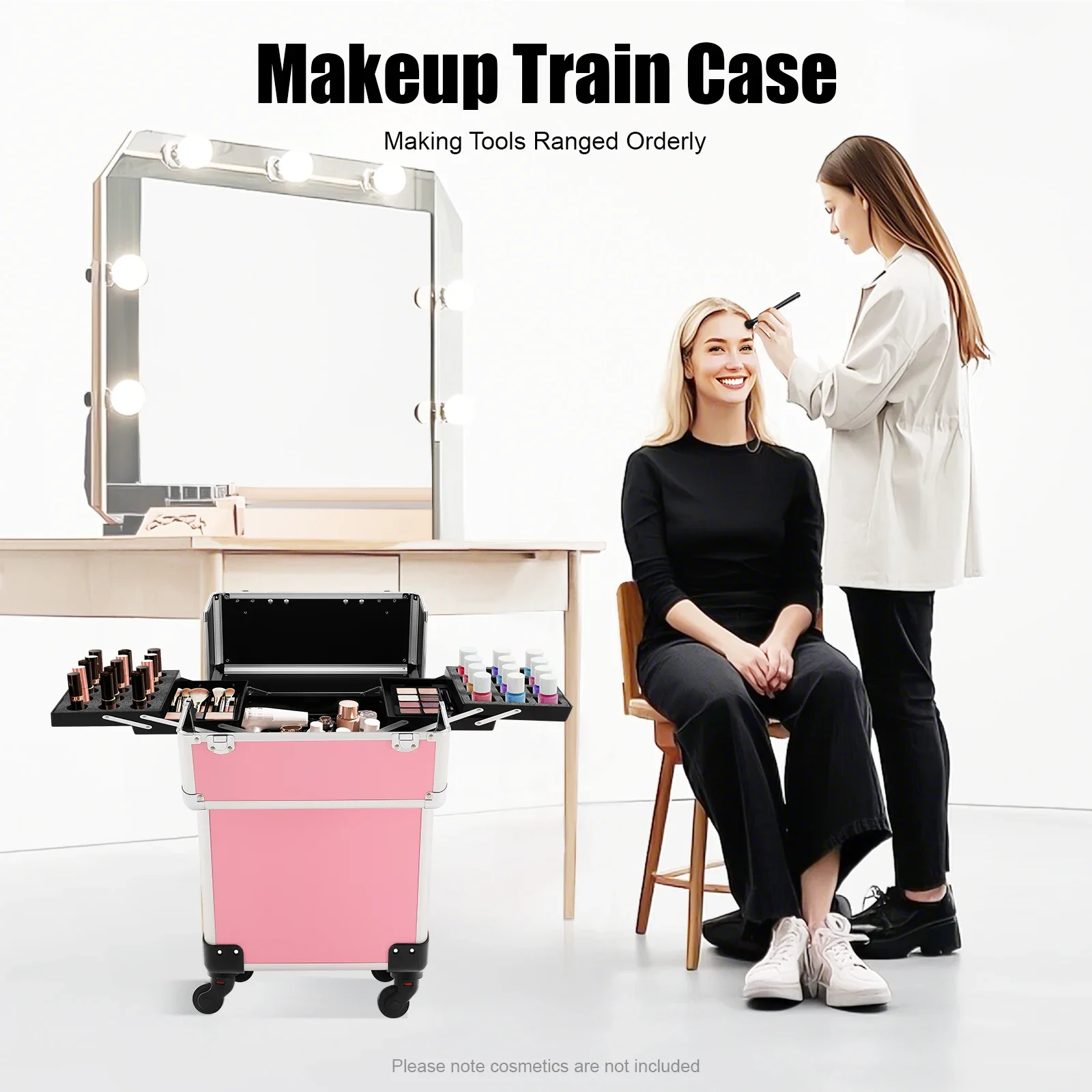 

Professional wheeled makeup storage case, large train case for makeup artists, w/4 makeup/hairdressing organizing trays (pink)