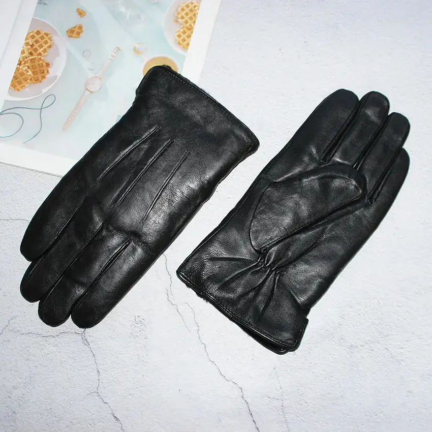 Luvas de couro grosso quente masculino, pele de carneiro ampliada, forro de pele, resistente ao vento e ao frio, exterior, motocicleta, inverno