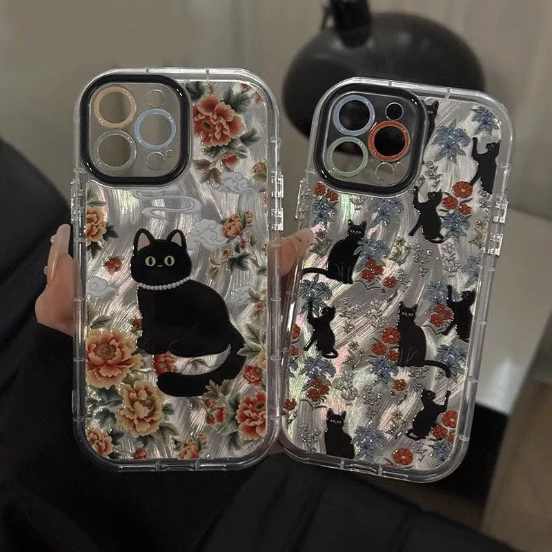 Retro Flower Black Pearl Cat Phone Case for iPhone 16 Promax 16 15 Plus 14Pro 13 12 11 XSmax Fashion Protective Case