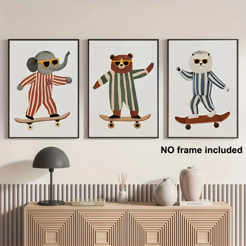 Animal Skateboard Canvas Prints Elephant Lion Bear Striped Clothes Wall Art Posters for Modern Living Room Nursery Home Decor
