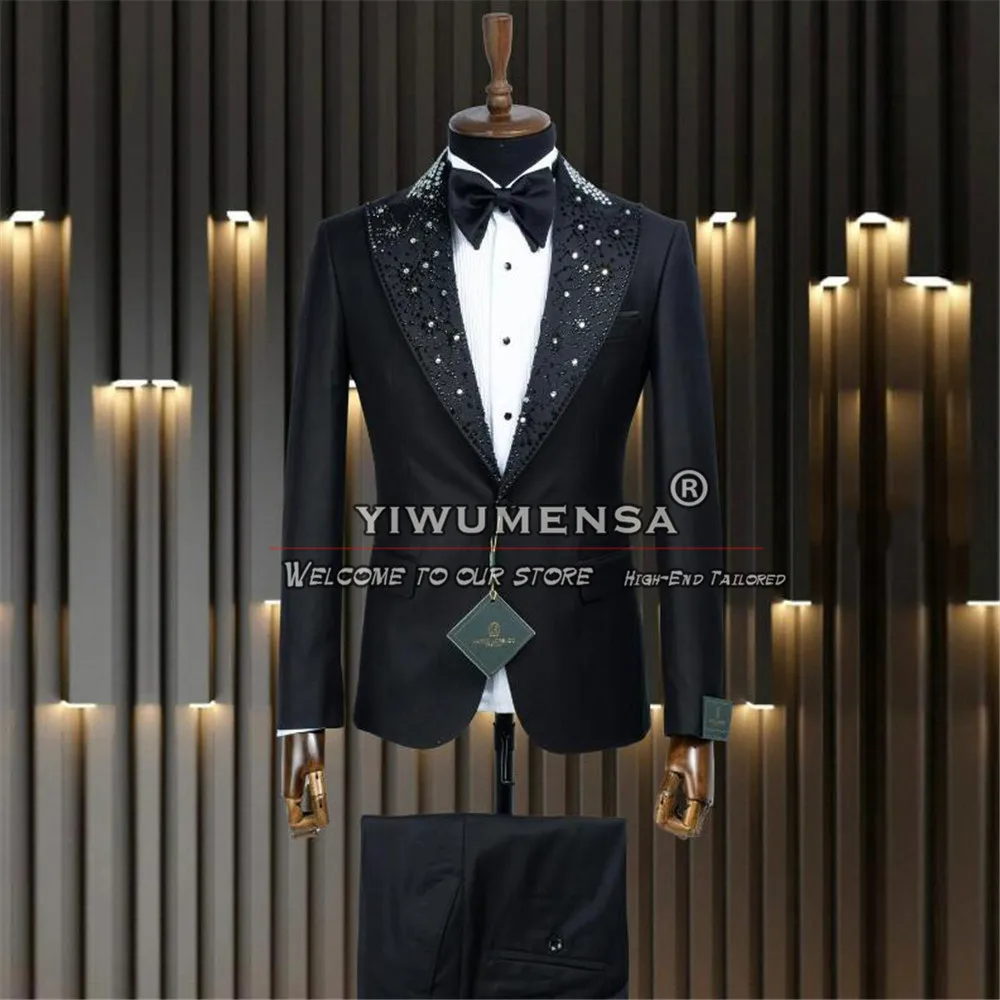 

Luxury Black Peaked Lapel Wedding Suits For Men Handmade Beaded Pearls Jacket Pants 2 Pieces Groom Tuxedos Tailored Formal Dress