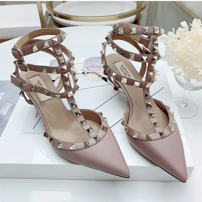 2023 Summer Luxury Genuine Leather Women\'s Sandals High Heels Classic Metal Rivet Pointed Pumps Sexy Wedding Party Shoes 33 - 41