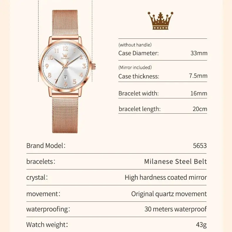 OLEVS New 5653 Women Watch Luxury Brand Quartz Watch Elegant Rose Gold Digital Waterproof Watch HD Simple Bracelet Women Watch