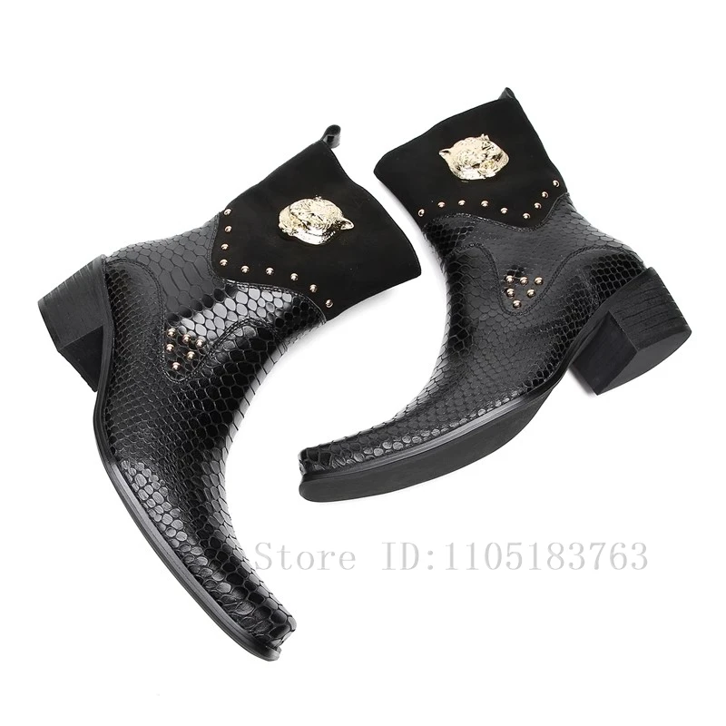 برشام جلد الثعبان الأسود تشيلسي حذاء من الجلد للرجال جلد طبيعي المعادن ديكور أحذية رجالي عالية الجودة أحذية عمل الخريف الأحذية