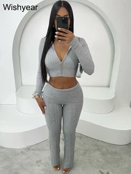 Winter Warm Thicken Sweater Two Piece Sets for Women Knitted Long Sleeve Zipper Hooded Crop Top and Flare Pants Matching Outfits