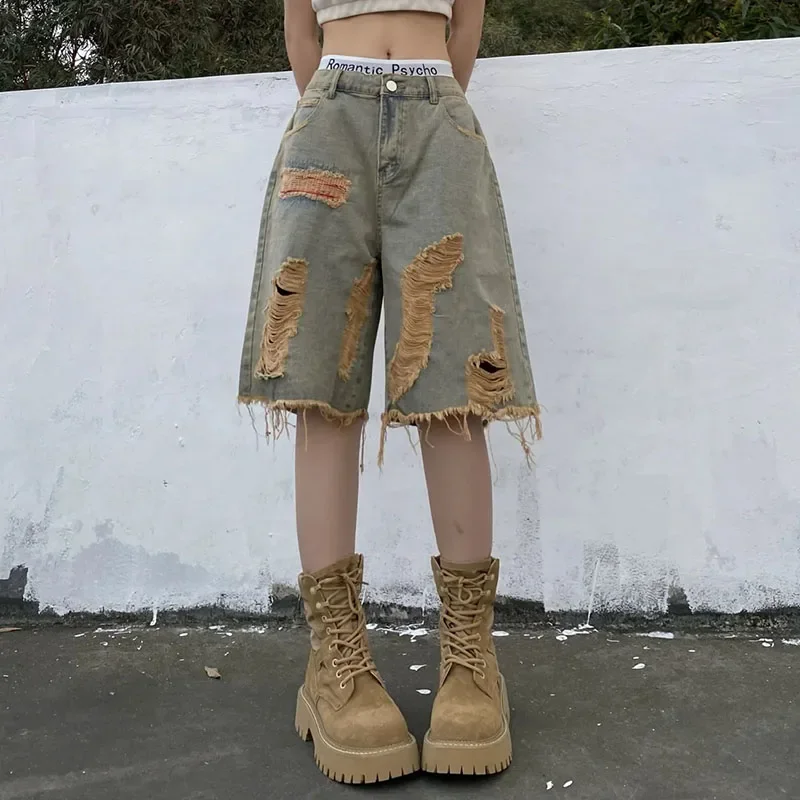 

Women Vintage Hole Denim Shorts Y2K Hip Hop High Street Jeans Shorts Summer Baggy All Match Wide Leg Short Pants