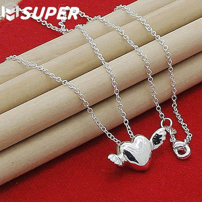 

925 Sterling Silver Heart Wing Pendant Necklace 18-30 Inch Snake Chain For Woman Wedding Engagement Party Jewelry Gift