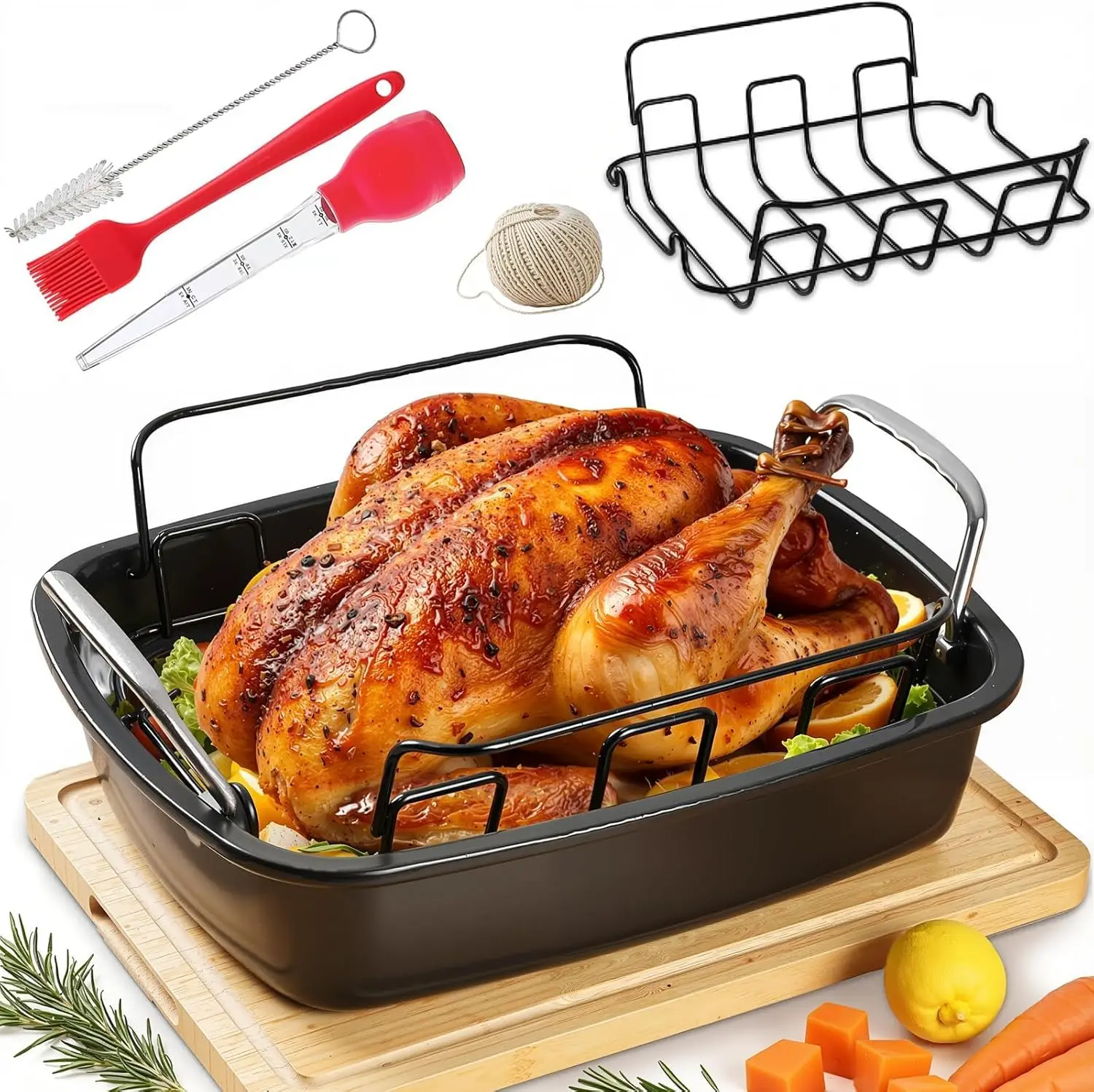 

Large Nonstick Roasting Pan Kit with Rack, Baster, Brush & Twine - Even Heating, Easy Clean for Turkey and Chicken