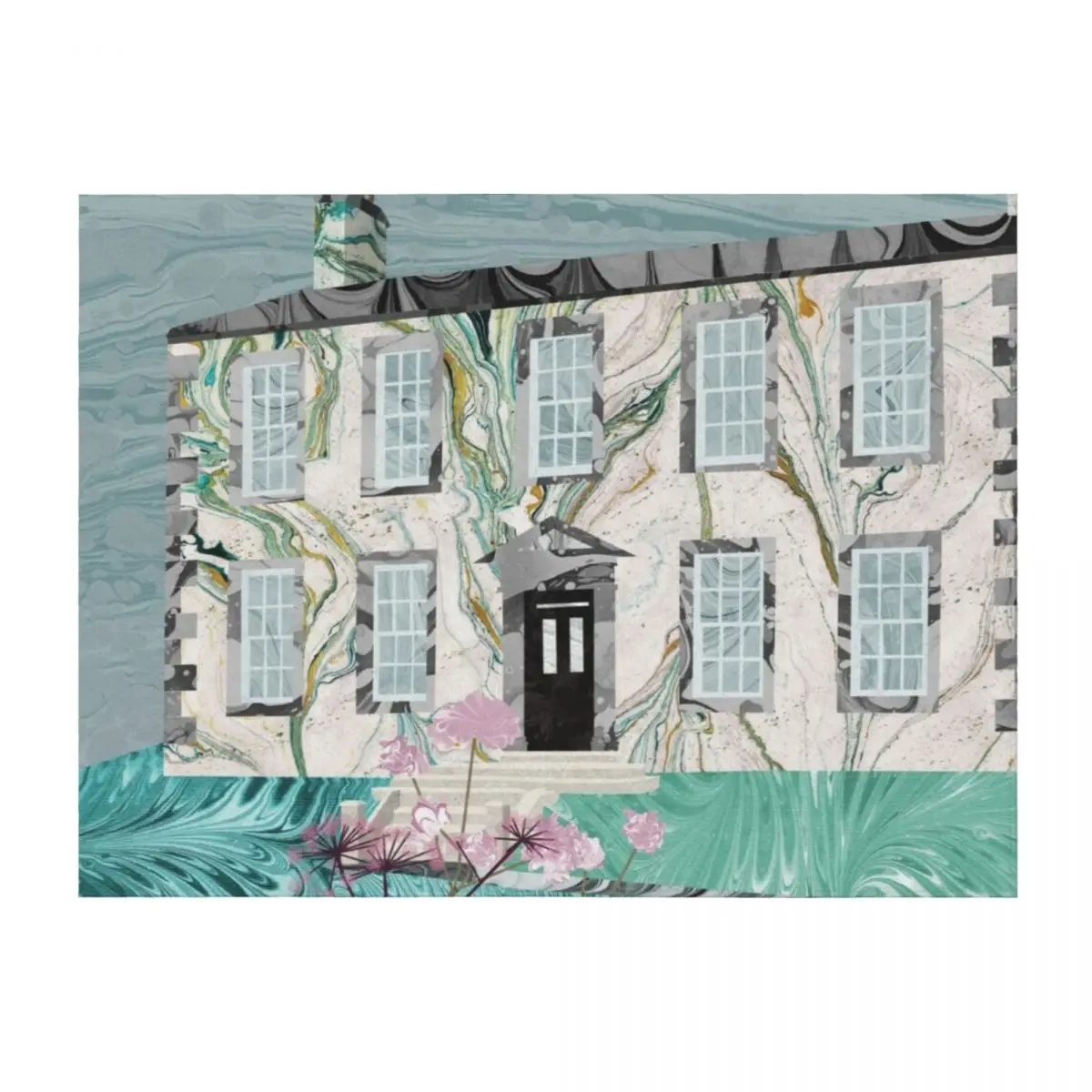 

The Bronte Sisters' Parsonage,Haworth : Collage in Marbled Bookbinding Paper Throw Blanket Custom Decoratives Blankets