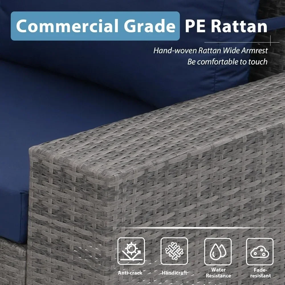 7-delige terrasmeubilairset met 45” vuurplaatstafel, rotan patio sectionele bank conversatieset met propaan vuurplaats