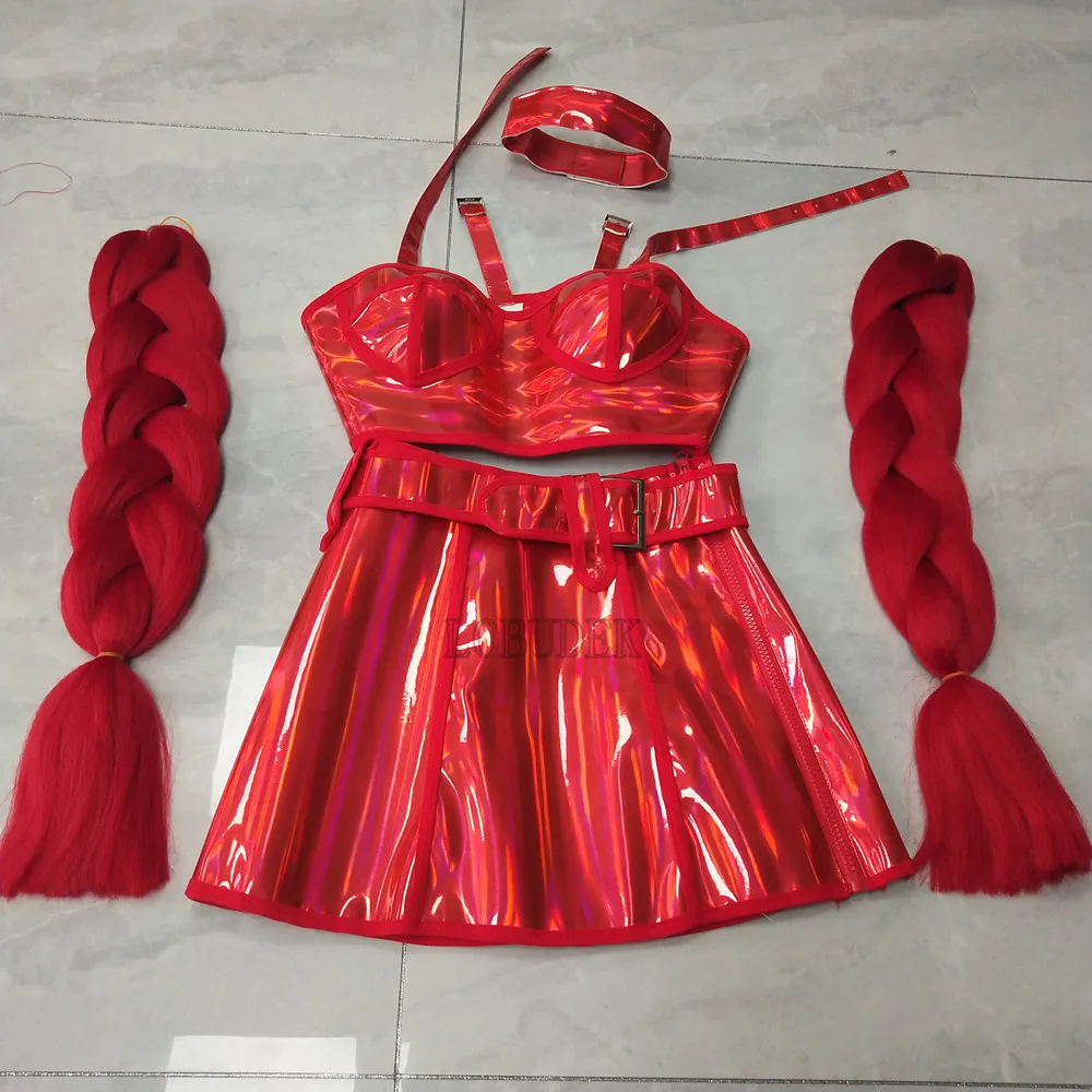 Paarse Laser Tops Rok Gevlochten Pruik Rave Outfit Sexy Nachtclub Bar DJ Gogo Prestaties Danskostuum Festival Party Stadium Slijtage