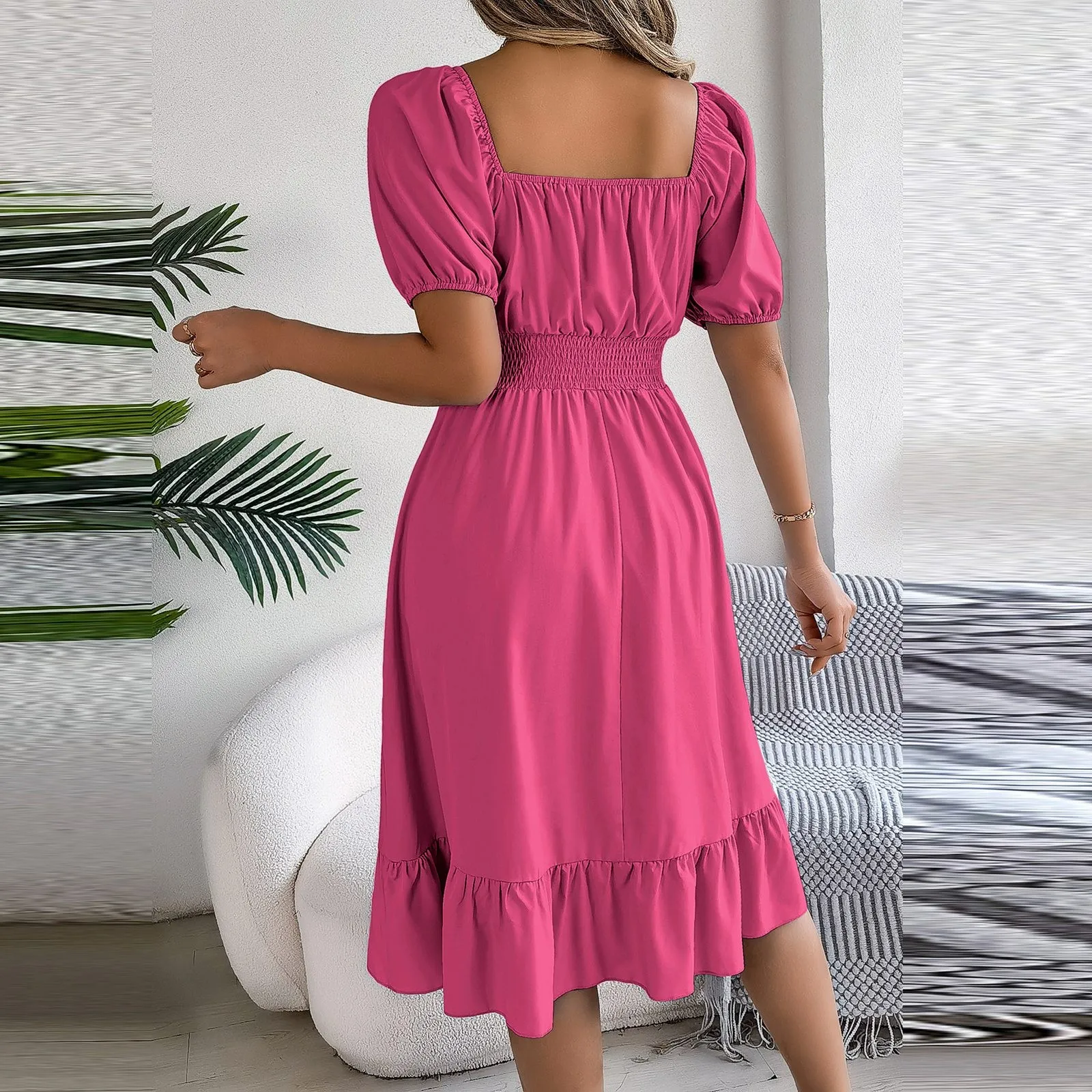 Elegant Women Spring Summer Dress Square Neck Puff Sleeve A Line Vestidos Square Neck Tie Waist Ruched Casual Solid Long Dress