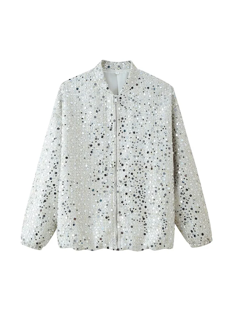 

European and American autumn new women's retro casual fashion stand collar long sleeve sequined decorative jacket coat