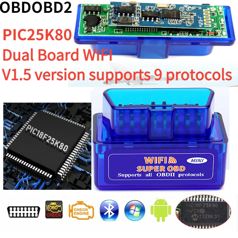 NEW Super Double PIC18f25k80 ELM327 WIFI  V1.5 with ELM327 V1.5 OBD2 Scanner Universal Disgnostic Tool Android/IOS High Quality