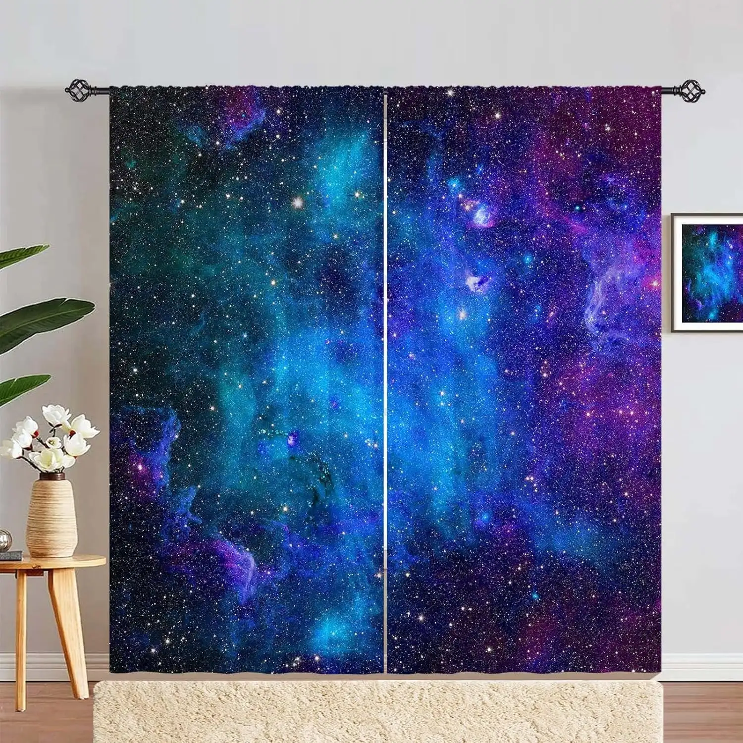 2pcs Curtains Peach Skin Polyester Galaxy Space Blue Nebula Star Constellation Planet Universe Kids Boys Girls Bedroom