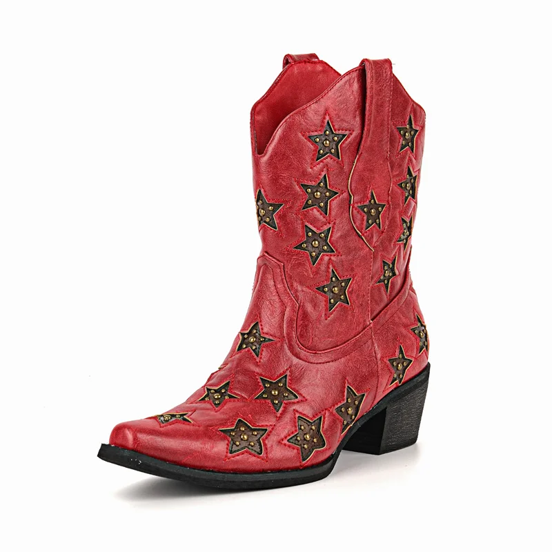 

Onlymaker Women Red Pointed Toe Rivet Star Chunky Heel Ankle Western Boots Slip On Fashion Booties