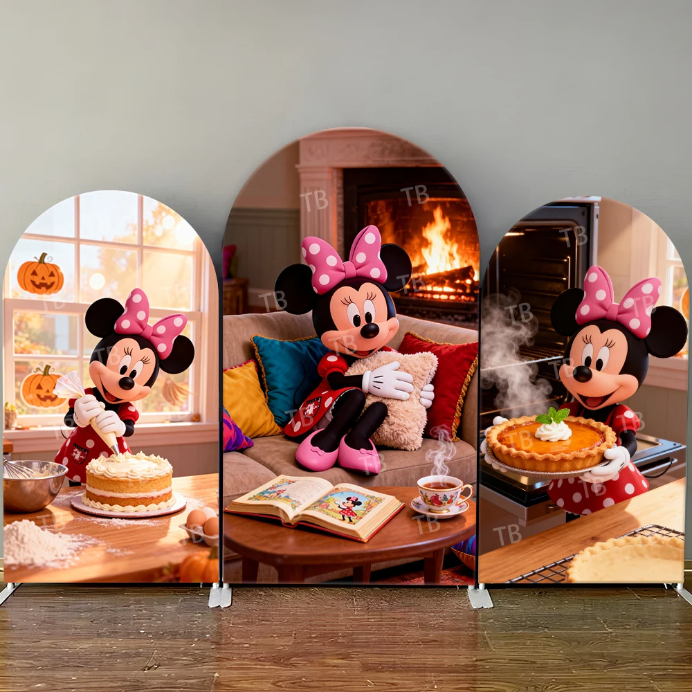 

Disney Minnie Home Baking Leisure Arch Backdrop Cover Cozy Autumn Scene For Kids Birthday Party Cute Cartoon Photo Booth Decor