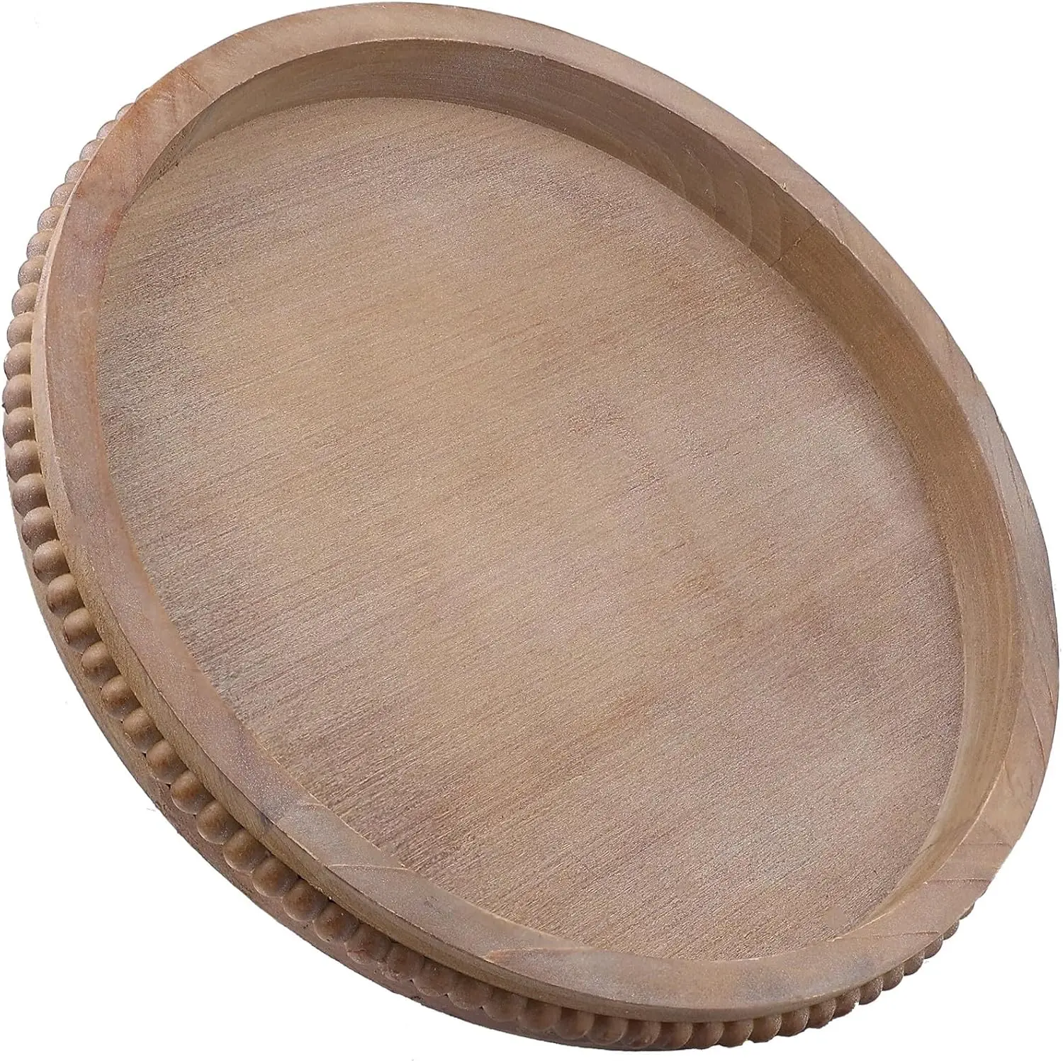 

Wood Decorative Serving Tray With Bead, Round Vintage Wooden Ottoman Tray For Home Centerpiece, Counter Organizer, 13” Circle