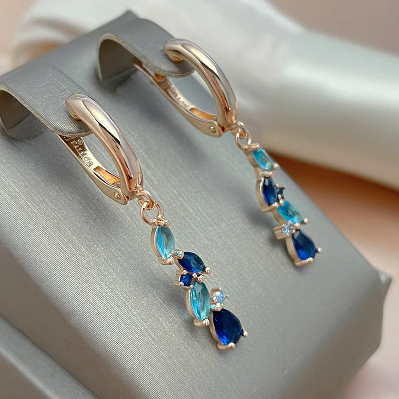 SYOUJYO New 585 Rose Golden Earrings For Women Luxury Blue Natural Zircon Leaf Long Dangle Earrings Wedding Jewelry