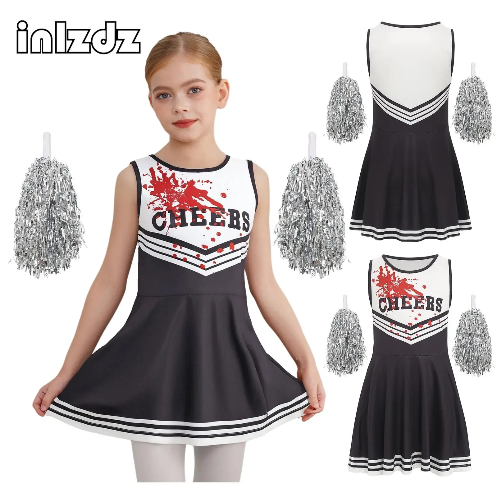 

Girls Cheer Leader Costume Set Sleeveless Letter Blood Splats Print Dress+2Pcs Pom Poms Suit for Halloween Horror Themed Party