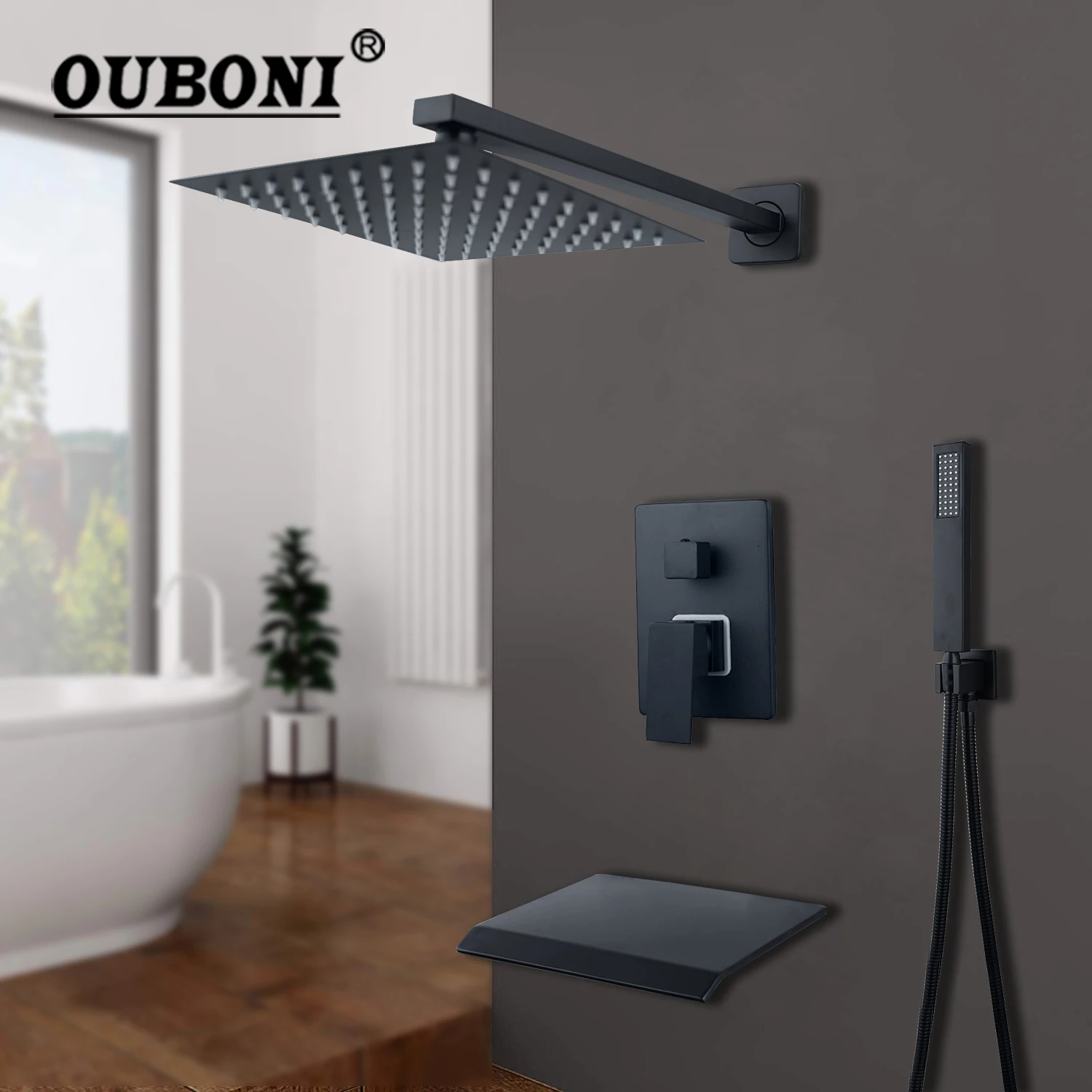 

Матовый черный смеситель для душа OUBONI, настенный кран «Водопад» для ванной комнаты, насадка для душа