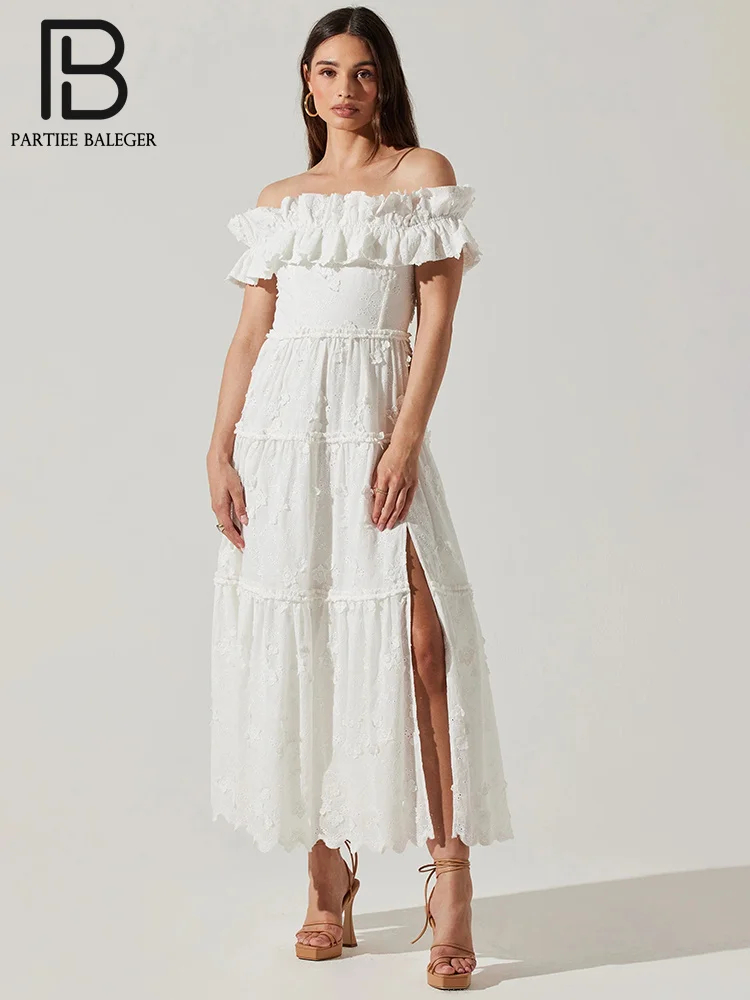 

PB 2024 Designer Fashion Summer Casual Loose Dress Elegant Off Shoulder Sexy Backless High Slit Party Long Maxi White Dress