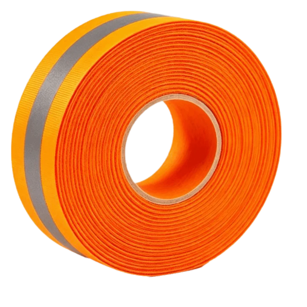 Fluorescent Orange Reflective Ribbon Polyester Fabric 20mm Width Reflective Webbing Tape Sew On Style 50m Roll Length