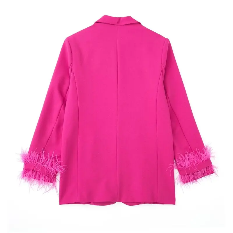 

Fall 2023 Women's Single-Button Straight-Leg Suit Jaet with Feather Trim Two Colors Versatile Long Sve Pure Color