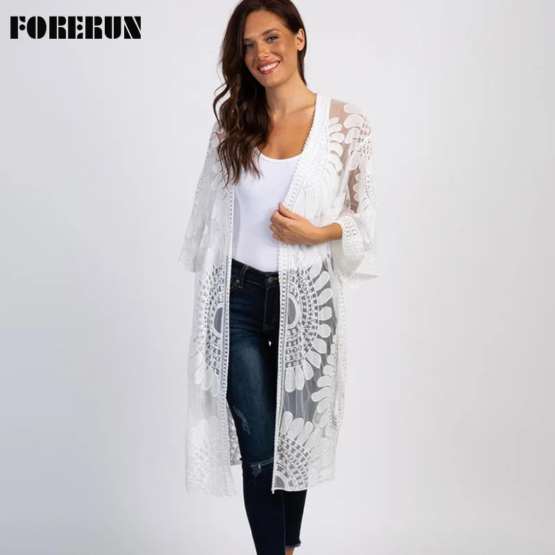 FORERUN Lace Beach Cover Up Women Kimono Playa Sun Flower Mesh Long Cardigan See Through Bikini Swimsuit Mujer Verano