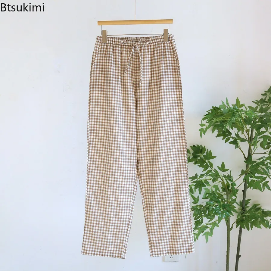 2026 Primavera Verano pantalones de dormir para amantes diseño a cuadros 100% pantalones largos de algodón ropa de descanso para el hogar pantalones de pijama pijama Mujer