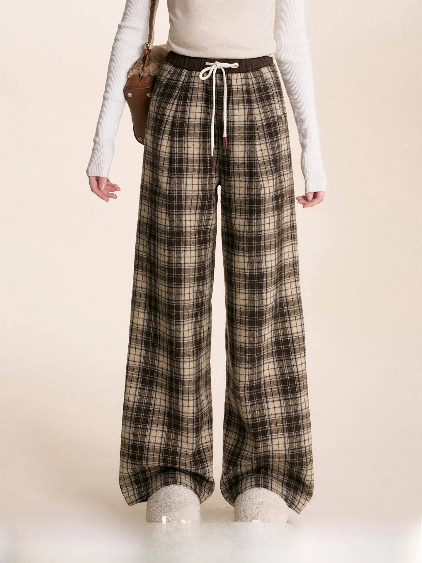 

Retro Sle Wide Leg Woolen Pants Suede Elastic Waist Loose Fit Ladies Casual Trousers Polyester Fiber l Waist Knot Door