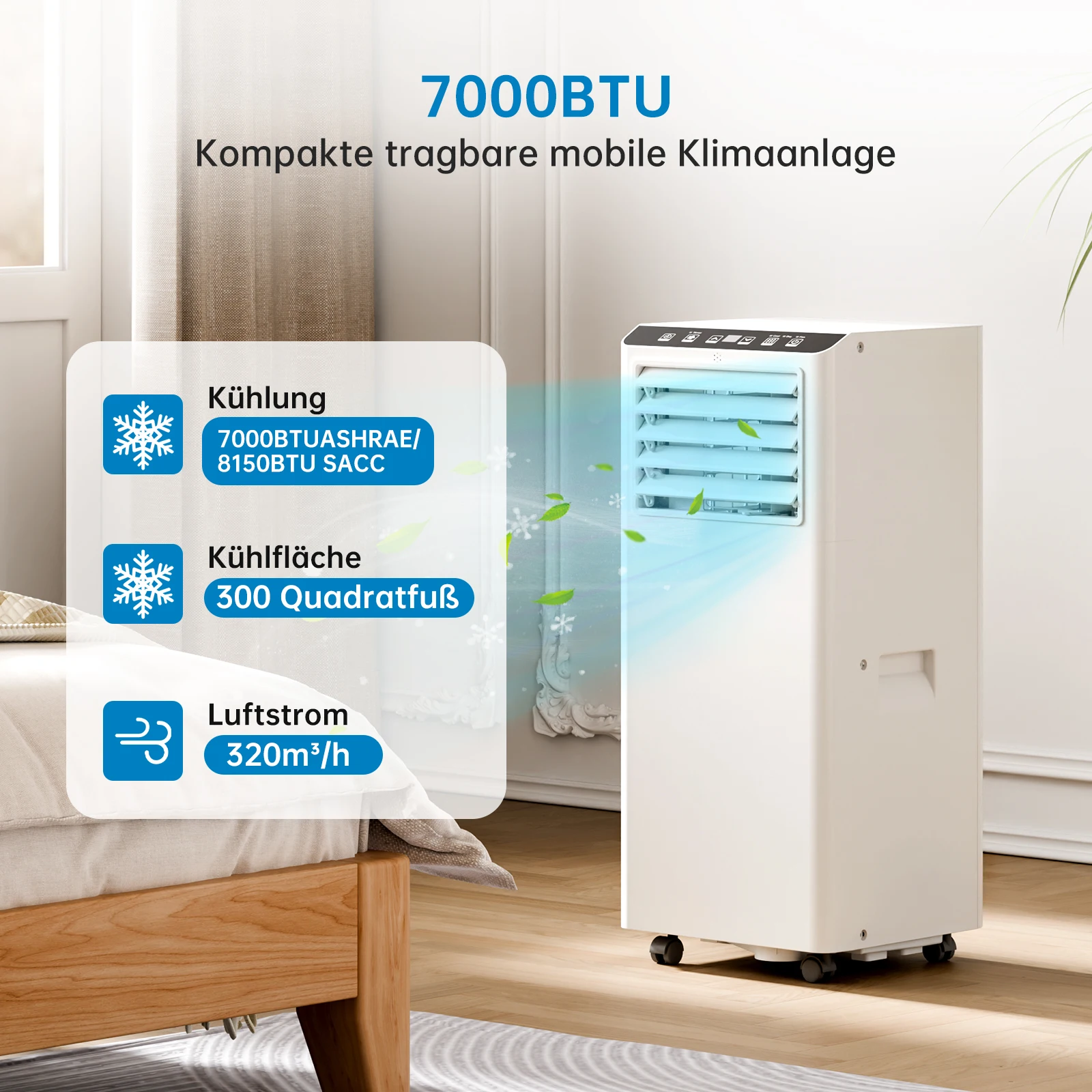 Mobiele airco 7000/9000 Btu/H, 4-in-1 airconditioner, ventilator, ontvochtiging, ventilatie met afstandsbediening en 24 uur timer