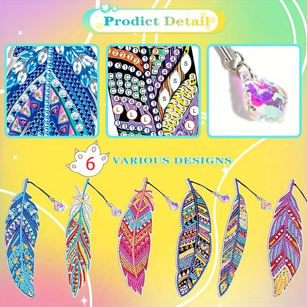 6 Pack Bookmark Diamond Painting DIY Feather Bookmark Home Office School Classroom Crystal Pendant Bookmark 5D Diamond Painting Christmas Handmade Gifts for Beginners view 4