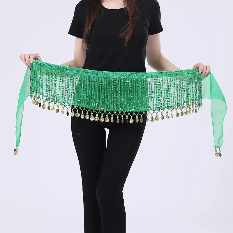 New Belly Dance Waist Chain Women Chiffon Oriental Dance Practice Hip Wrap Scarf Coin Sequin Tassels Skirt Performance Belt