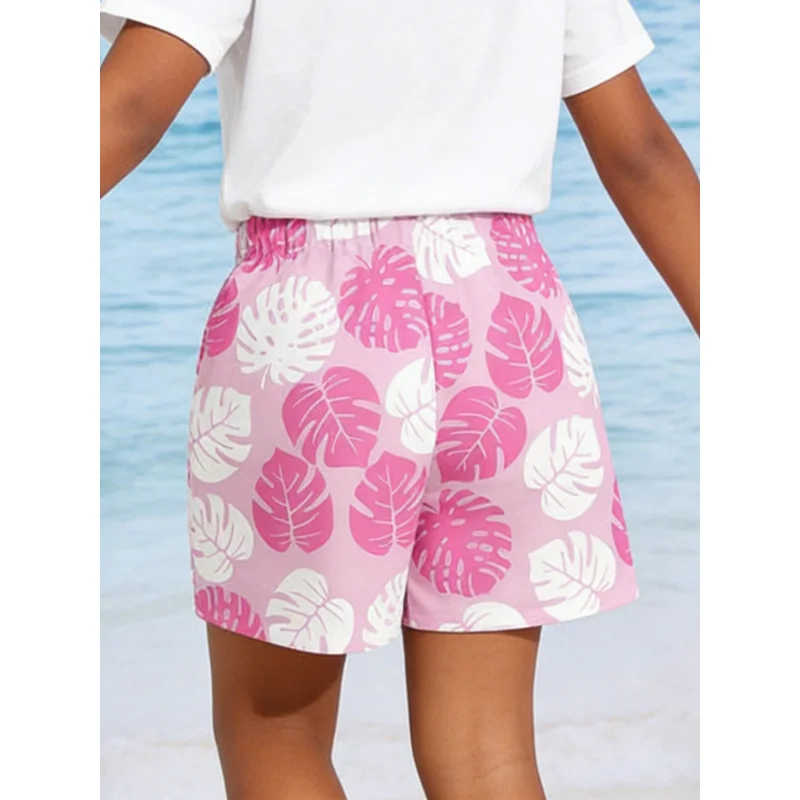 2026Pink Bottom White Monstera Leaf Print Tropical Vacation Style Shorts