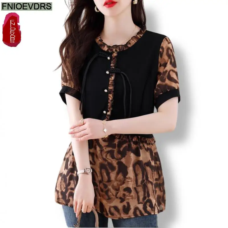 

L-5XL Loose Clothes 2024 Women Summer Short Sleeve Elegant Ruffles Shirts Casual Retro Leopard Tunic Peplum Tops And Blouses