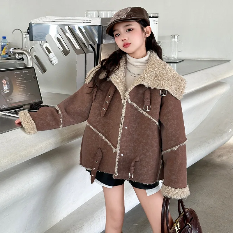 Girls Fleece Thick Brown Coat Children 2024 New Winter Collection Fashion Simple Casual Coat Top European Fashion Style