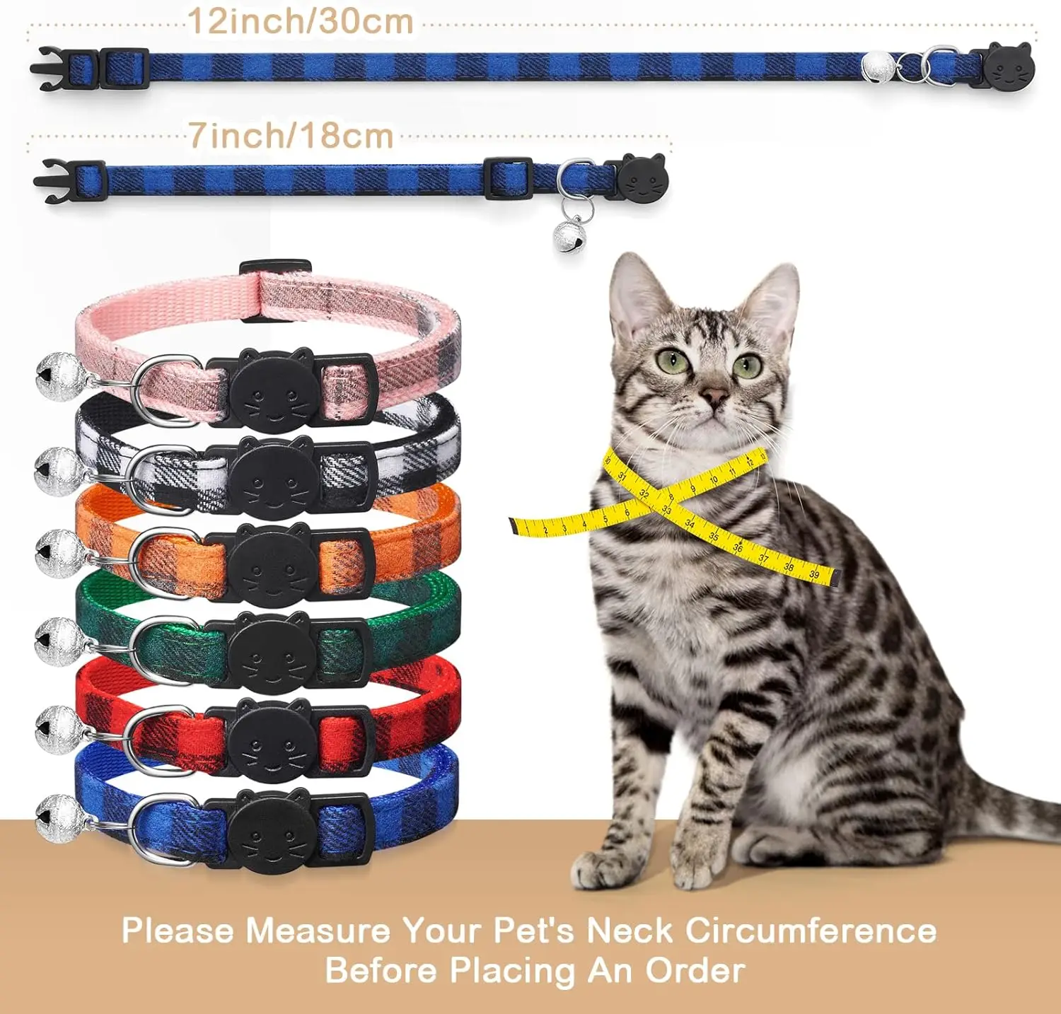 6er-Pack Klassische Karierte Katzenhalsbänder mit Glöckchen - Abreißbare Verstellbare 15-23 cm Katzenhalsbänder für Weibchen und Männchen, Niedliche Haustier-Geschenke & Zubehör – Detail 3
