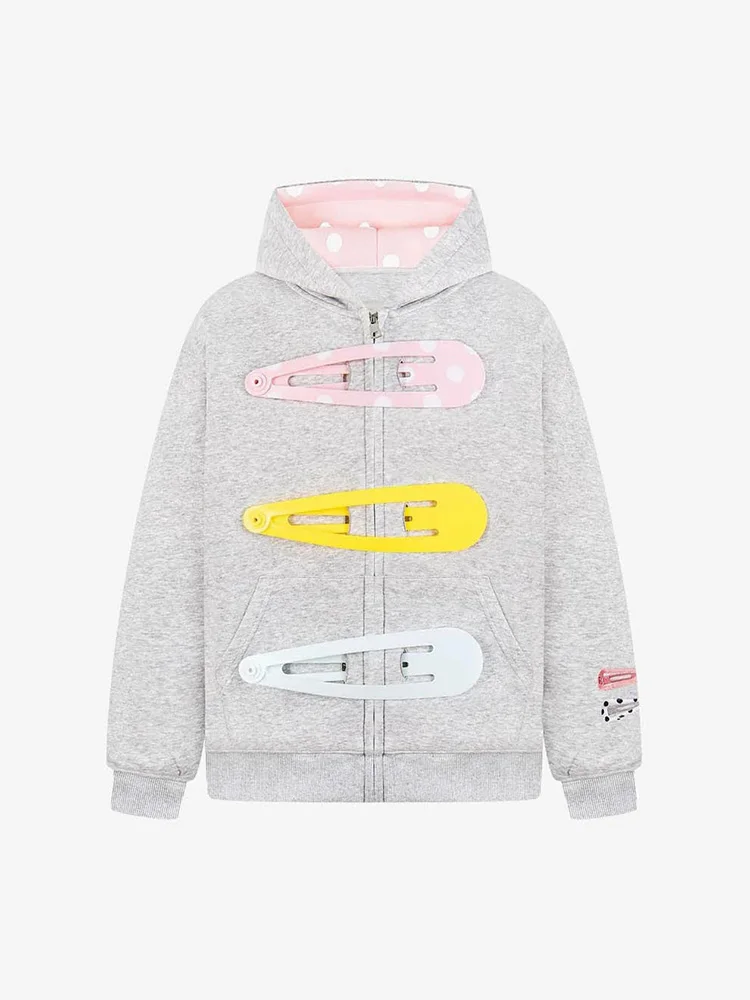 2026 Herbst Winter Damen Y2K Kawaii Oversized Zip-Up Hoodie mit 3D-Riesen-Haarspangen-Dekor und Polka Dots Kapuze, Grau, Lässiger Sweatshirt – Detail 10