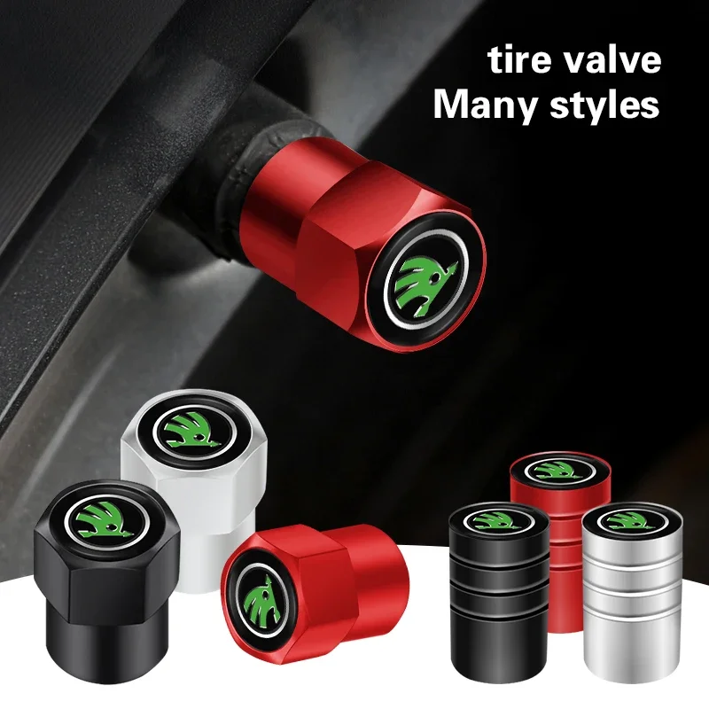 4Pcs Aluminium Alloy Car Wheel Tire Valve Caps Covers For Skoda Octavia Superb Rapid Kodiaq Karoq Fabia Kamiq Enyaq Yeti Scala